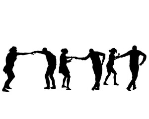 Young people are dancing in a nightclub. Isolated silhouettes on white background