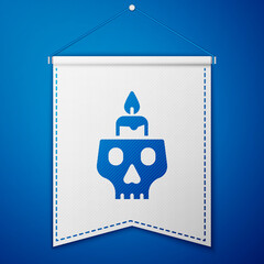 Blue Burning candle on a skull icon isolated on blue background. Day of dead. White pennant template. Vector.