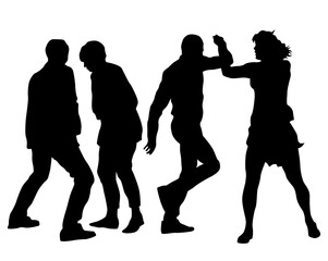 Young people are dancing in a nightclub. Isolated silhouettes on white background