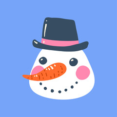 The face of a Christmas snowman with a hat. Cheerful creature. Suitable as placeholder, avatar, kids t-shirt print, sticker, temporary tattoo, sublimation Winter holidays