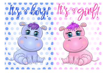 Two Cute cartoon hippo with beautiful eyes among flowers, hearts, a boy and a girl. baby shower invitation card.