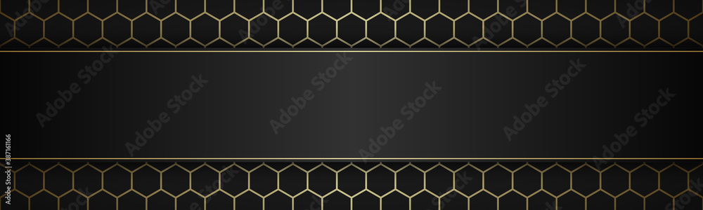Wall mural geometric polygons header with free space for your text. abstract black and gold metallic banner. si