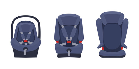 Safety baby car seats collection. Different type of child restraint. Isolated objects. Vector illustration on white background