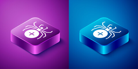 Isometric Spider icon isolated on blue and purple background. Happy Halloween party. Square button. Vector.