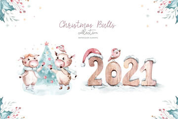 Watercolor cartoon illustration. Symbol of the year 2021. Funny and cute Bull. Christmas illustration.