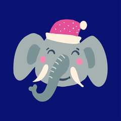 The face of an elephant in a Christmas hat. Lovely African animal. Suitable as placeholder, avatar, kids t-shirt print, sticker, temporary tattoo, sublimation. Vector illustration.