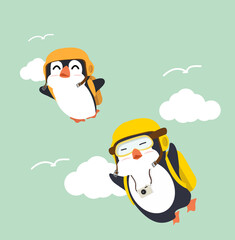 cute penguins cartoon vector on sky
