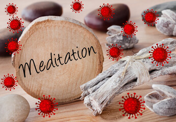 Wellness Bild Meditation mit Steinen, Holzscheibe und Corona Virus