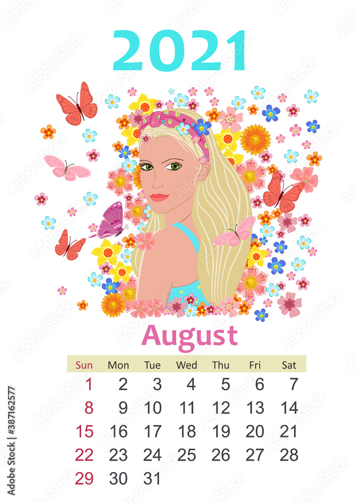 Wall mural Calendar for 2021 August. beautiful girl with long blond hair lo