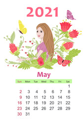 Calendar for 2021 May. beautiful girl with long hair holding fan