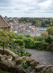 View of the historic town of Bradford on Avon in the Cotswolds, Wiltshire, UK, taken  from St Mary Tory Chapel, the high point of the town. © Lois GoBe