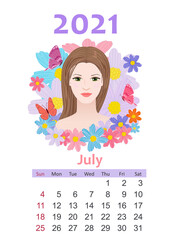 Calendar for 2021 June. portrait of beautiful girl surrounded by