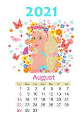 Calendar for 2021 August. beautiful girl with long blond hair lo