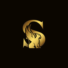 Griffin silhouette inside gold letter S. Heraldic symbol beast ancient mythology or fantasy. Creative design elements for logotype, emblem, monogram, icon or symbol for company, corporate, brand name.