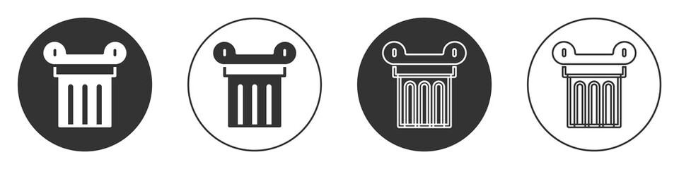 Black Ancient column icon isolated on white background. Circle button. Vector.