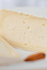 Slices of traditional cheese with white mold close-up