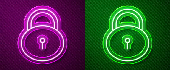 Glowing neon line Lock icon isolated on purple and green background. Padlock sign. Security, safety, protection, privacy concept. Vector Illustration.