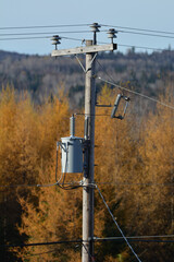 Electric pole with transformer and high voltage line