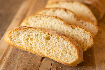 sliced artisan bread on a wooden cutting board