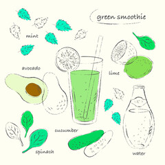 Green smoothie glass and ingredients recipe line art sketch