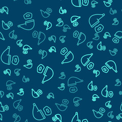 Green line Smoking pipe with smoke icon isolated seamless pattern on blue background. Tobacco pipe. Vector.