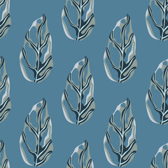 Navy blue nature seamless tropical pattern with grey colored hand drawn monstera leaf. Botanic simple artwork.