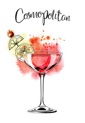 Cosmopolitan. Cocktails banner. Watercolor vector cocktails.  - obrazy, fototapety, plakaty