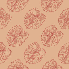 Hand drawn simple monstera seamless doodle pattern. Stylized outline exotic foliage artwork in pale maroon tones.