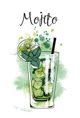 Mojito. Cocktails banner. Watercolor vector cocktails.  - obrazy, fototapety, plakaty