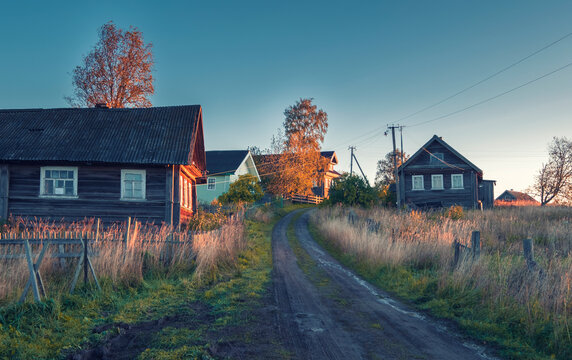 The old village of Lashkovo in the Vepsian forest national park Russia Leningrad region, in the autumn morning