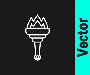 White line Torch flame icon isolated on black background. Symbol fire hot, flame power, flaming and heat. Vector.