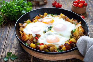 Fried eggs with vegetables  - shakshuka in a frying pan and rye bread on an old wooden background. Late breakfast. Rustic style. Middle eastern traditional dish