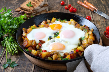 Fried eggs with vegetables  - shakshuka in a frying pan and rye bread on an old wooden background. Late breakfast. Rustic style. Middle eastern traditional dish.