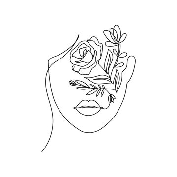 recommend clip art: Trendy woman's face silhouette in one line art style for fashion prints, tattoos, posters, cards etc. Continuous art face and flowers design isolated on white background.Vector illustration