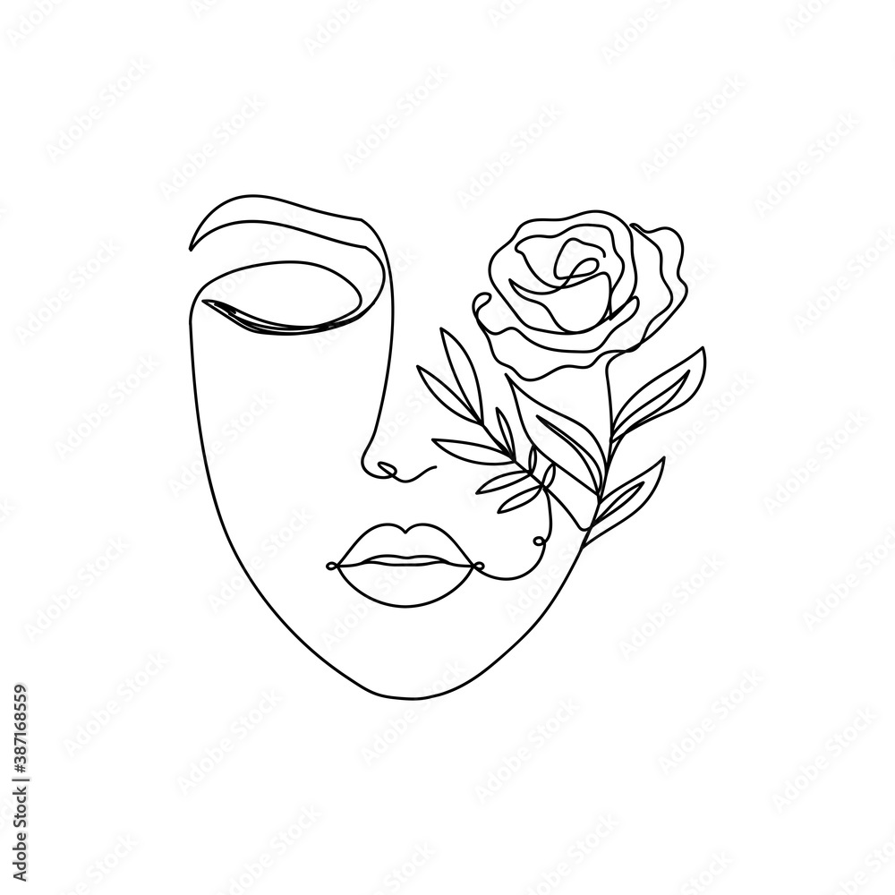 Wall mural Trendy woman's face silhouette in one line art style. Continuous art modern design with closed eyes,lips and flowers on the one part of the face isolated on white background.Vector illustration print