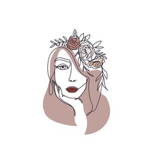 Line art style woman holding her chin with with flowers on her head.Continuous line woman's face silhouette in brown and beige colors for cards,posters,invitations,prints, textile. Vector illustration