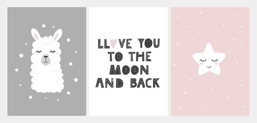 Cute prints in scandinavian style with hand drawn elements llama, star and lettering. Set of posters for nursery, baby shower, baby room, cards, prints,textile.Vector illustration in flat nordic style