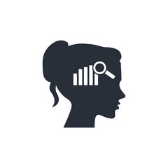 Girl, statistics, magnifier. Analysis of thinking. Concept. Vector icon isolated on white background.