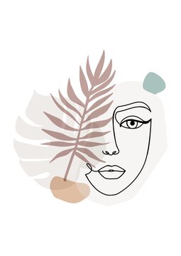 recommend clip art: Trendy one line art illustration with woman's face, abstract shapes and tropical leaves.Continuous line art in elegant modern style for prints, posters, textile, cards etc. Vector illustration