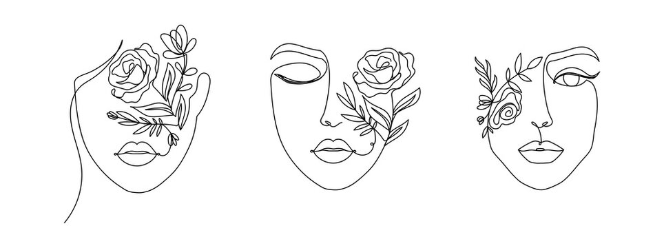 Women's faces in one line art style with flowers and leaves.Continuous line art in elegant style for prints, tattoos, posters, textile, cards etc. Beautiful women face Vector illustration