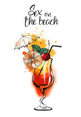 Sex on the beach. Cocktails banner. Watercolor vector cocktails. 