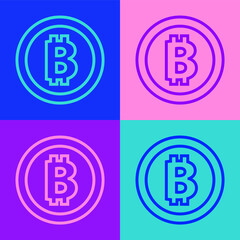 Pop art line Cryptocurrency coin Bitcoin icon isolated on color background. Physical bit coin. Blockchain based secure crypto currency. Vector.