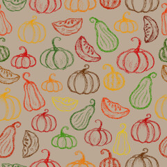 Crayon pumpkins pattern. Children drawing chalk style pumpkin print. Hand drawn wax crayons art on black backdrop.Chalk style isolated pumpkin. Color pastel crayons  freehand drawn chalk line pumpkin