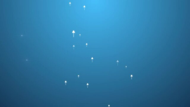 4k video of arrows up on blue background illustration, copy space composition.