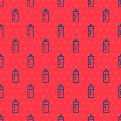 Obraz na płótnie Canvas Blue line Fitness shaker icon isolated seamless pattern on red background. Sports shaker bottle with lid for water and protein cocktails. Vector.