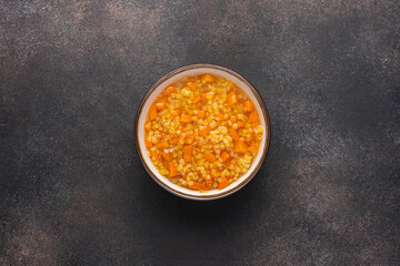 Lentil soup with carrots. Seasonal comfort food. Balanced Vegan Plant Protein Diet