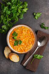 Lentil soup with carrots and parsley. Seasonal comfort food. Balanced Vegan Plant Protein Diet