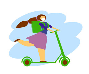 A scooter courier delivers food. Cartoon. Vector illustration.