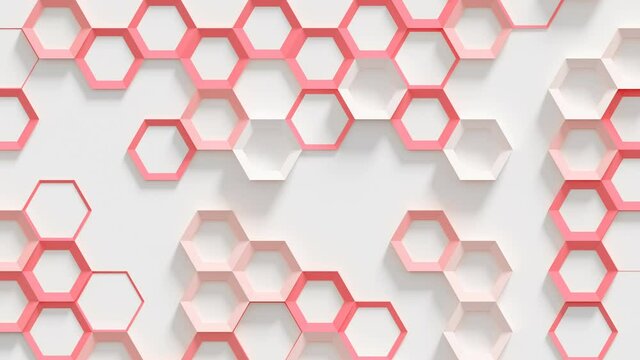 Futuristic Hexagons Surface Loop 1 Red x White: hollow hexagons shifting on a white plane. Fast moving background with red and white hexagons. 3D animation. Seamless loop.