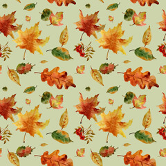 Watercolor autumn seamless pattern with isolated hand-drawn autumn leaves